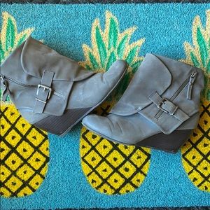 Grey Buckled Wedge Bootie
